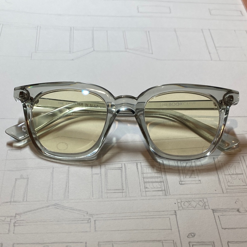The Book Club Blue Lense Blockers Clear Square Frame Glasses with Yellow Tint